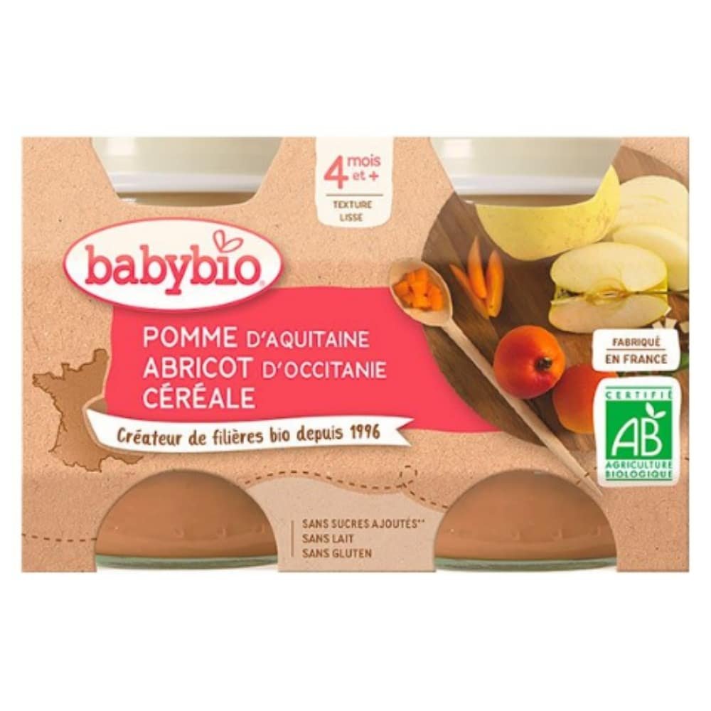 BABYBIO - Pots De Pomme, Abricot Et Céréale 4mois+ Bio - 2x - 130g Maroc au meilleur prix | Parachezvous.ma