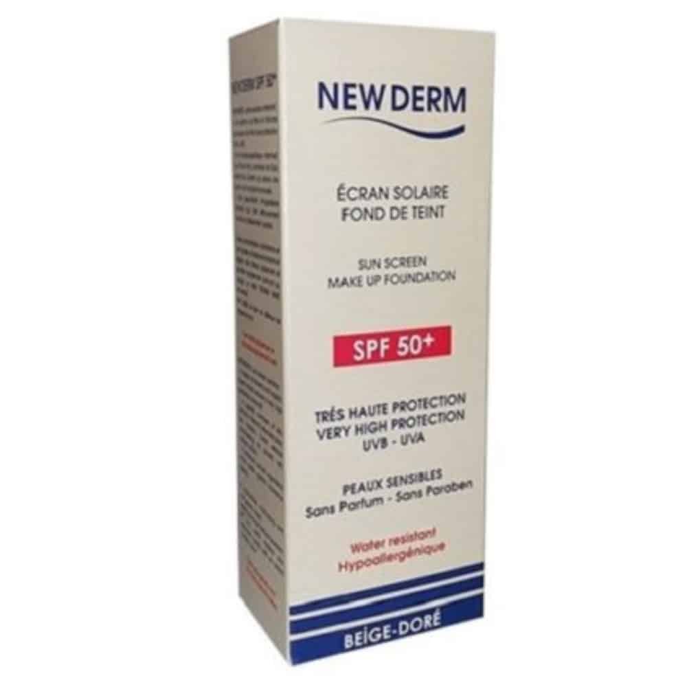 NEW DERM - Ecran Solaire Fond De Teint Beige-dorée SPF50+ - 50ml Maroc au meilleur prix | Parachezvous.ma